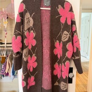 Anthropologie Brown Open-Front Cardigan with Pink Floral Motif